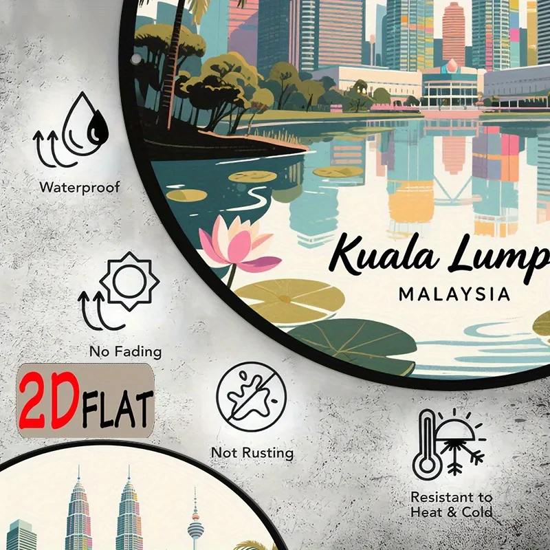 2D Metal Sign Kuala Lumpur Malaysia City Skyline Vintage Round Tin Sign Petronas Twin Towers Travel Landmark Wall Art for Home B