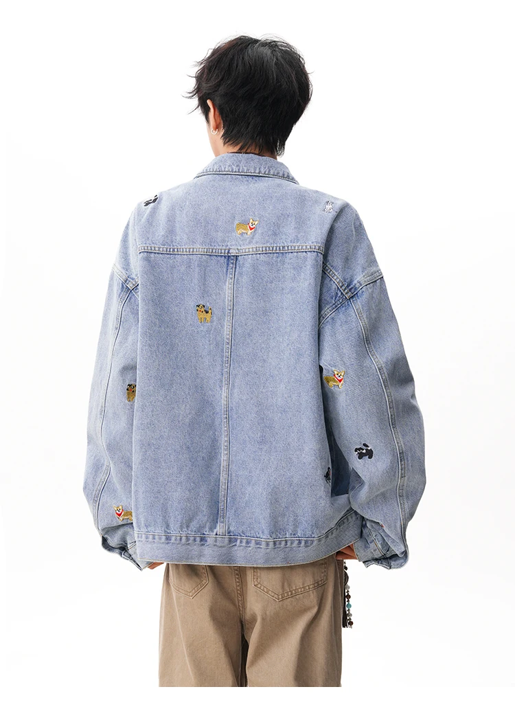 2025 الربيع والخريف جديد الرجال الأسود الكرتون جرو المطرزة غسلها الدنيم سترة الرجعية فضفاضة عادية رمادي داكن الأزرق سترة