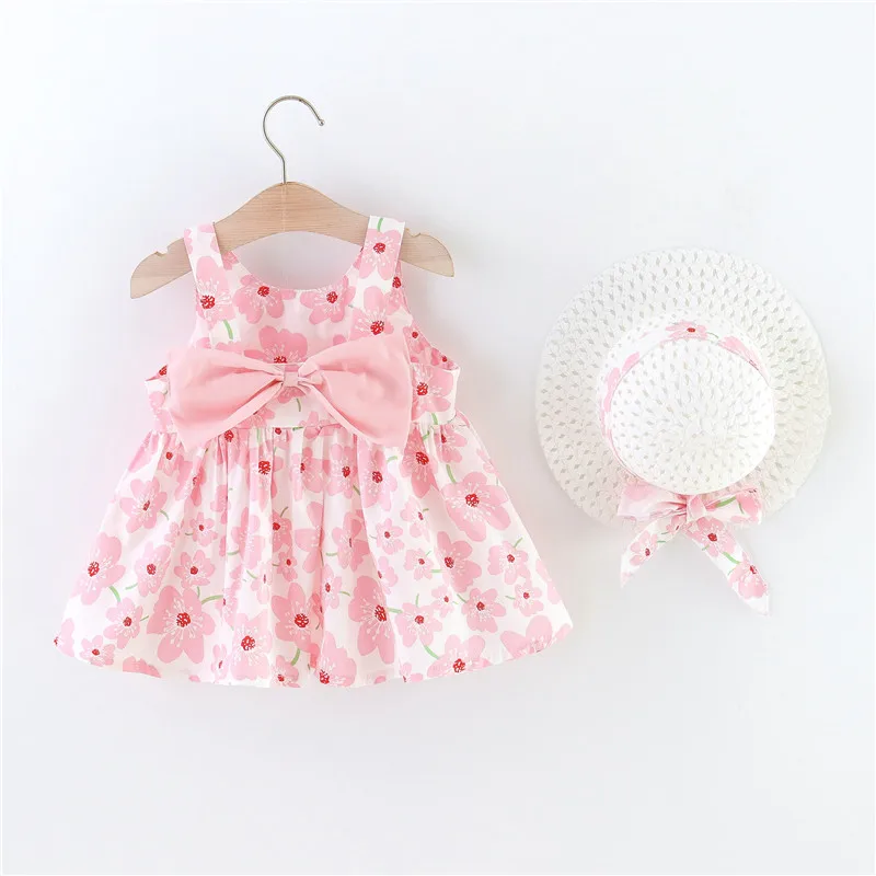 Baby Girl Summer Cotton Floral Print Bow Strap Dress Girls Korean Version Fashionable And Sweet Beach Dress With Hat