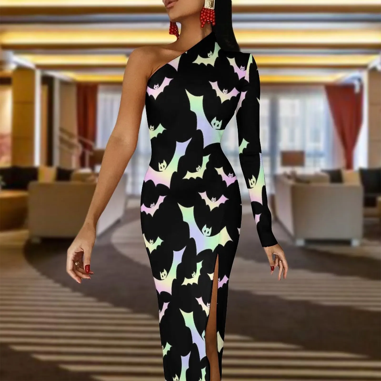 Goth Vampir Fledermaus Maxi Kleid Langarm Tier Nachtclub, Figurbetontes Kleid Herbst Street Style Lange Kleider Frauen Grafik Vestido