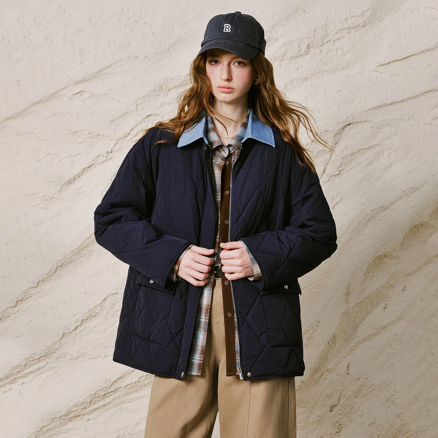 TOYOUTH Women Denim Spliced Collar Cotton Coat 2026 Winter New Navy Diamond Quilted Light Warm Big Pocket Outerwear