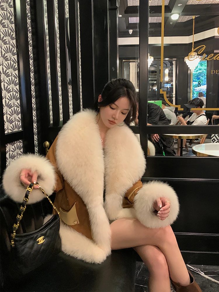 RCLIU ヤングウィメンズ シープスキンファーコート ダウンインナー ヤングスタイル フォックスファー襟 韓国版 ルーズフィット 長袖 冬コート