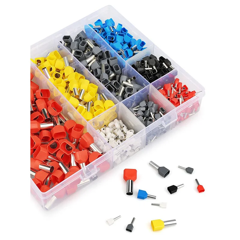 

B97A-1500Pcs Twin Wire Ferrules Kit Wire Terminal Ferrules Crimp Connector Twin Ferrules Dual Bootlace Ferrule Teminator Kit