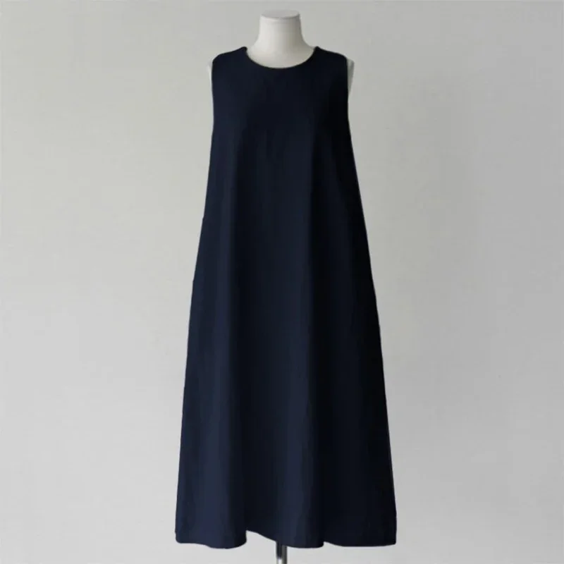New Comfortable Cotton Linen Solid Color Dress Women Summer Large Size Sleeveless Dressy Female Minimalist Style Long Dress