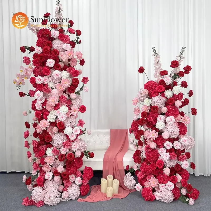Pink and Red Realistic Silk Artificial Rose and Hydrangea Flower Arch Set for Wedding Reception Ceremony Background