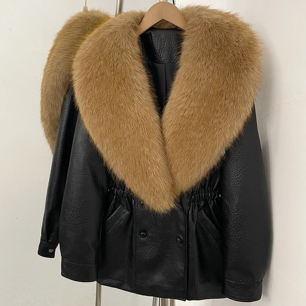 OFTBUY Kurze Freizeitjacke mit Kordelzug am Bund, Damenjacke aus Kunstleder mit Kunstfellkragen, neue, luxuriöse, warme, dicke Winterjacke. – Detail 17