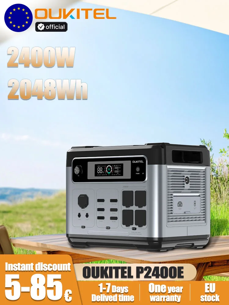 OUKITEL P2400E 2400W Tragbare Powerstation 2048Wh LiFePO4 Batterie Solargenerator mit USV, Reiner Sinuswellen-AC-Ausgang, Schnelles Aufladen, Notstromversorgung für Camping, Wohnmobil, Outdoor,