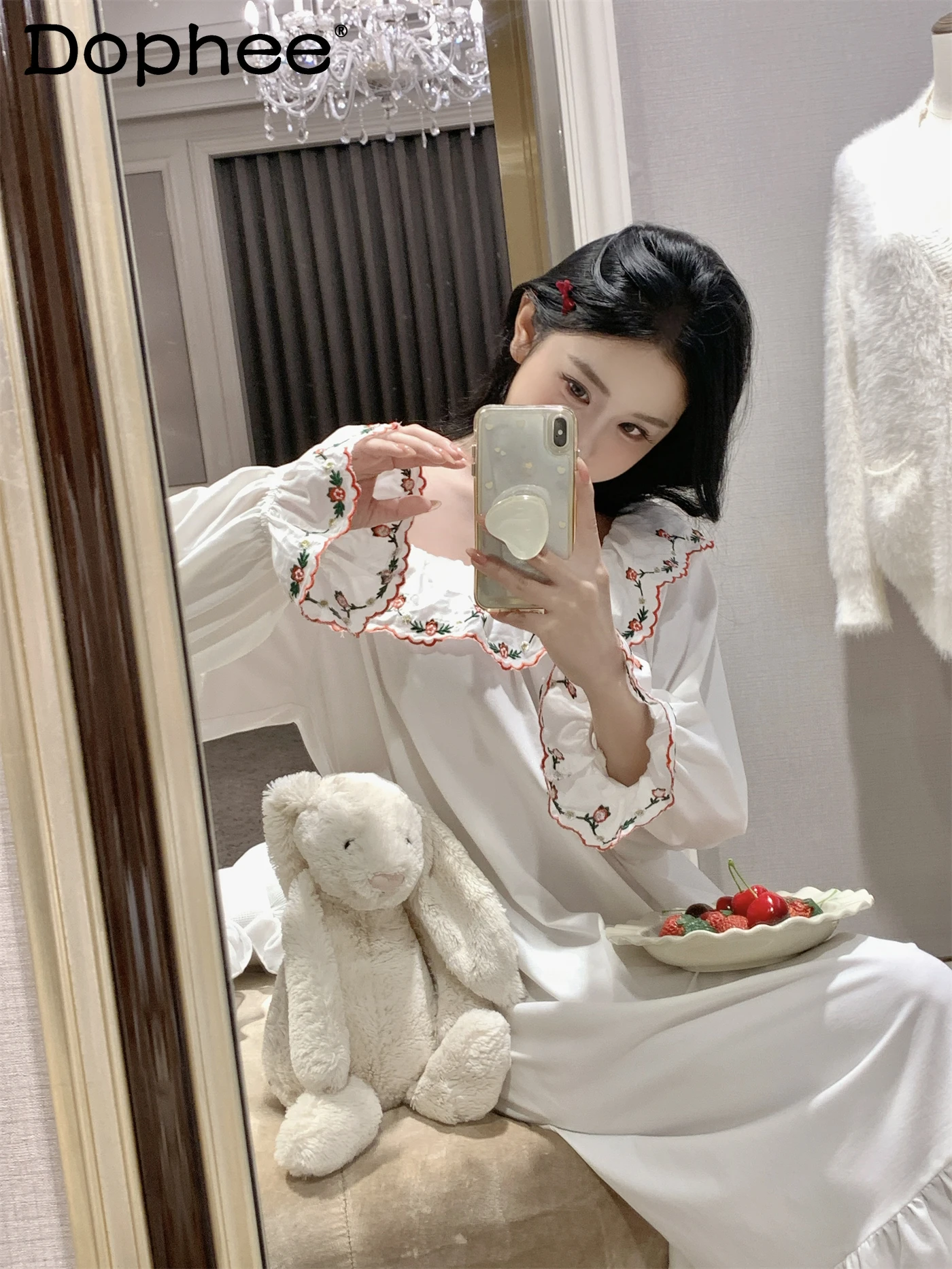 

Pure Cotton Strawberry Print Lace Sweet Retro Long Nightdress Casual Loose Comfortable Homewear