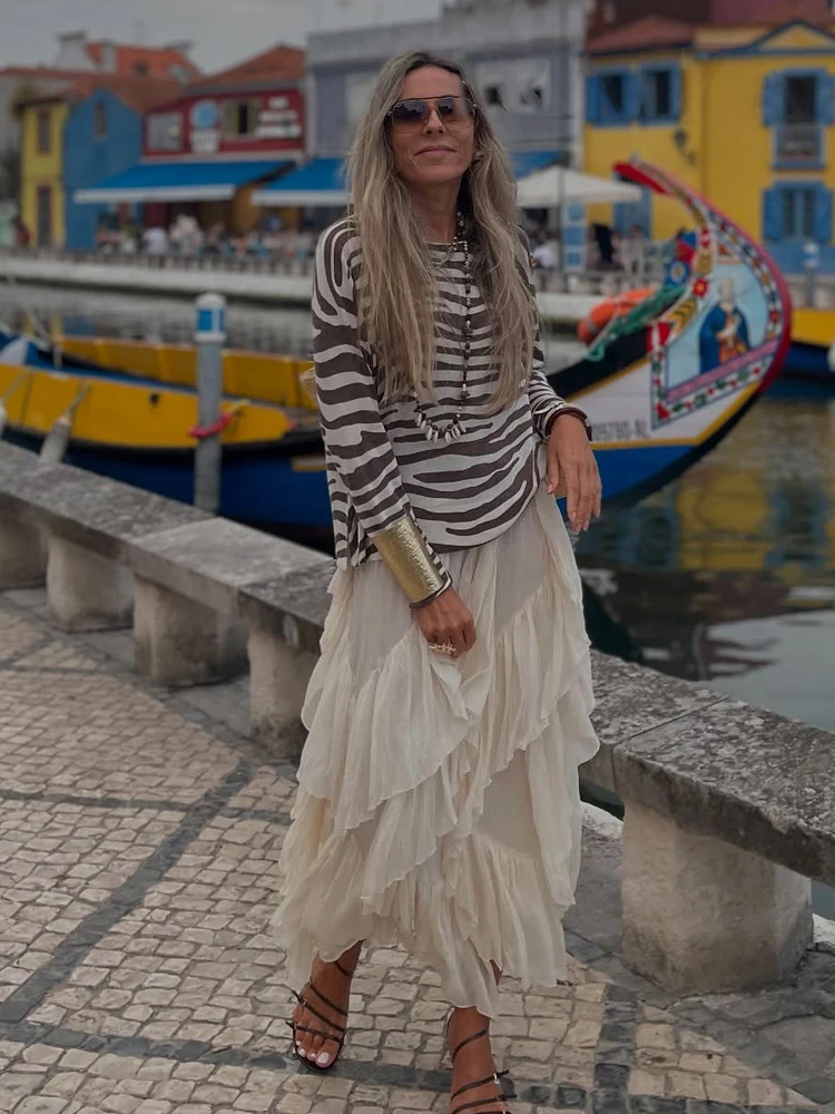 

HH Women Chic Stacked Ruffle Design Midi Skirt 2025 Summer Woman High Waist Solid Skirt Seaside Vacation Beach Skirt Mujer