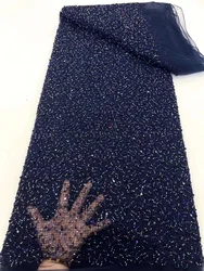 African Heavy Beaded Lace Fabric Navy Blue Nigerian Sequins Tulle Fabric Material for Wedding, High Quality 2024 5 Yards A130-1