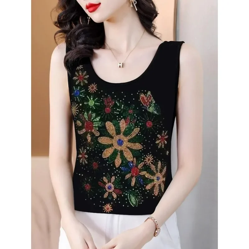 Summer New Slim-fitting Thin Fashion Round Neck Sleeveless Colorful Hot Diamond Black Tank Thin Age-reducing Vest