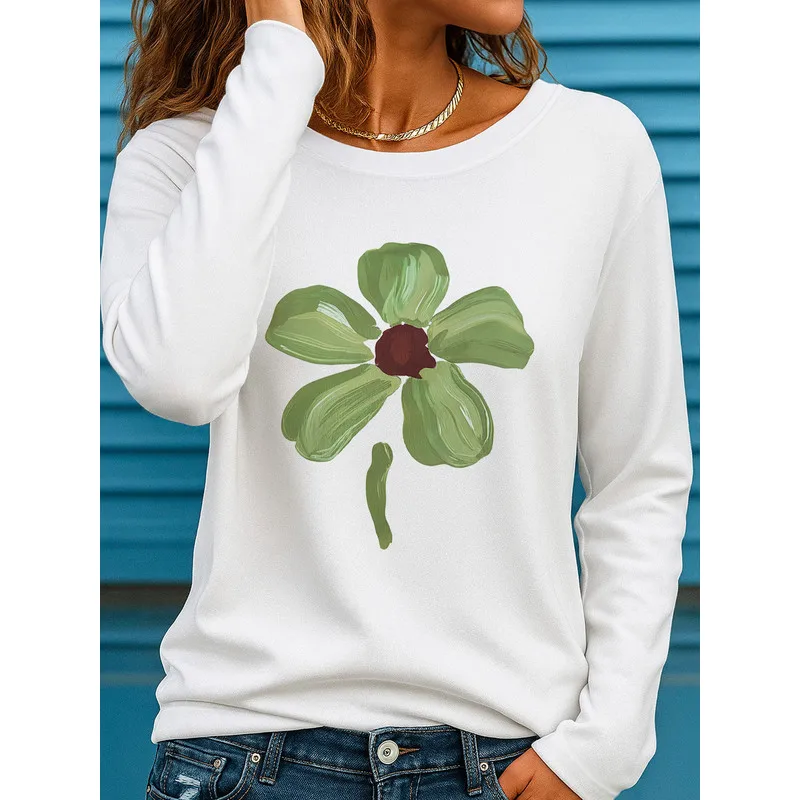 Women's  Oversized Green Four-Petal Floral T-Shirt - Soft Crew Neck Long Sleeve -Compatible Top, Machine Washable Fall