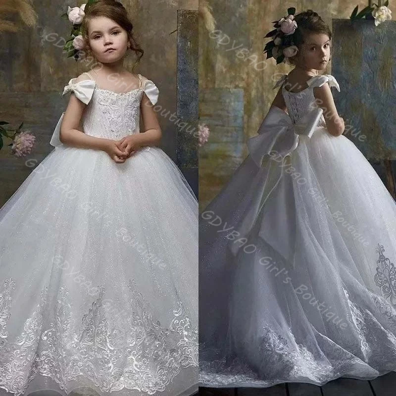 

Белое платье с цветочным узором для девочек на свадьбу, фатиновое платье на бретельках с аппликацией для первого причастия с бантом, бальное платье на заказ