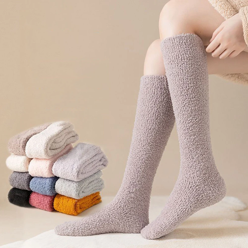 

Coral Fleece Long Socking Winter Warm Women Plush Home Sleep Calf Socks Floor Solid Color Soft Thigh High Sock Cold Protection