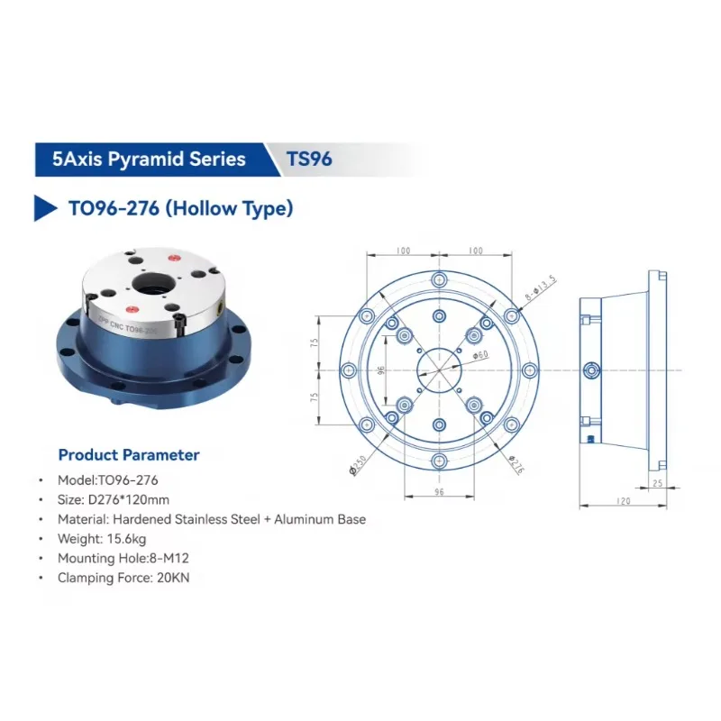 5Axis Series TO96-276 (Hollow Type) Vise Tailored To Specific Machine Requirements