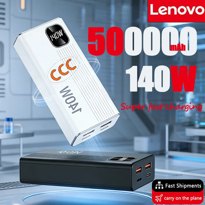 Lenovo 500000mAh Power Bank 2026 New 140W Super Fast Charging Powerbank Portable External Battery Charger For Xiaomi iPhone