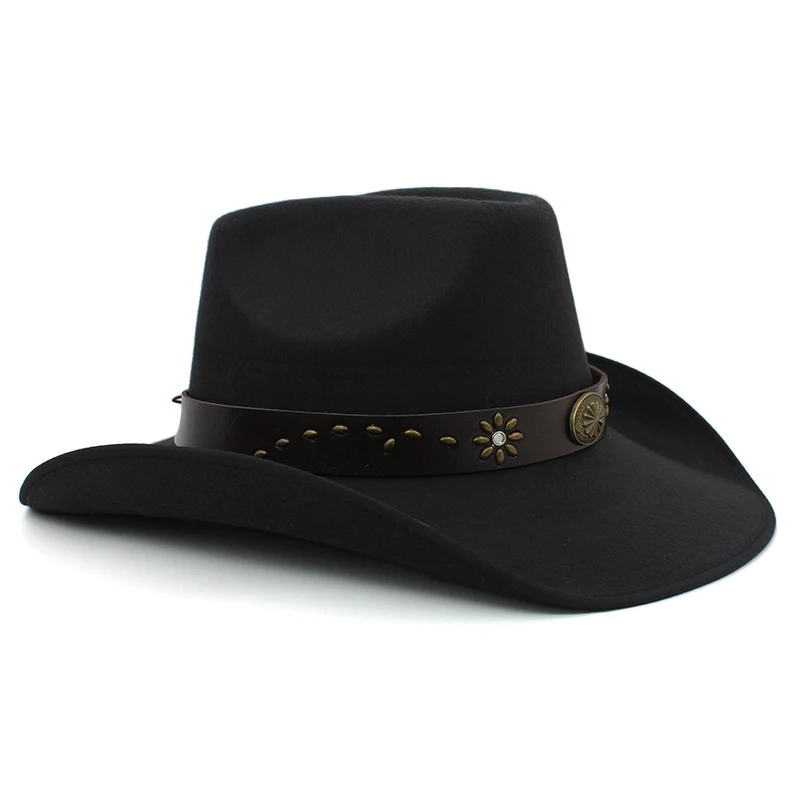 Men Women Woolen Western Cowboy Hats Wide Brim Sunhats Party Travel Sombrero Outdoor Caps Classical Retro US Size 7 1/4 UK L