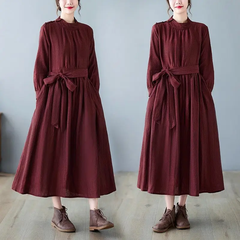 

High End Artistic Casual Versatile Dress Design Lace Up Waist Standing Collar Pleated Large Swing Vintage Women Long Dress Z2796