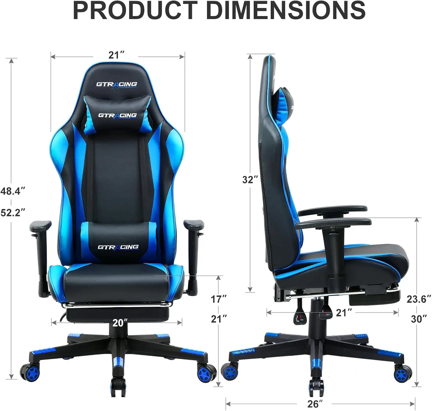 GTRACING Footrest, Ergonomic Computer Game Desk, Reclining Gamer Chair Seat Height Adjustment Swivel Rocker with Headrest and Lu