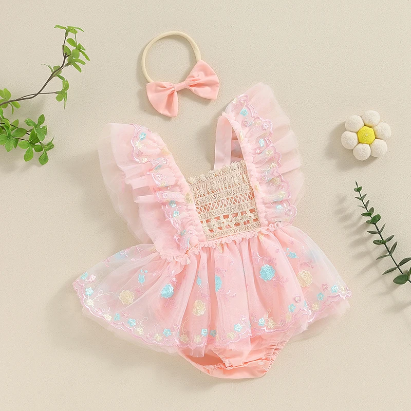 Summer Baby Girl Romper Dress Headband Flower Embroidery Princess Mesh Jumpsuit For Newborns Clothes