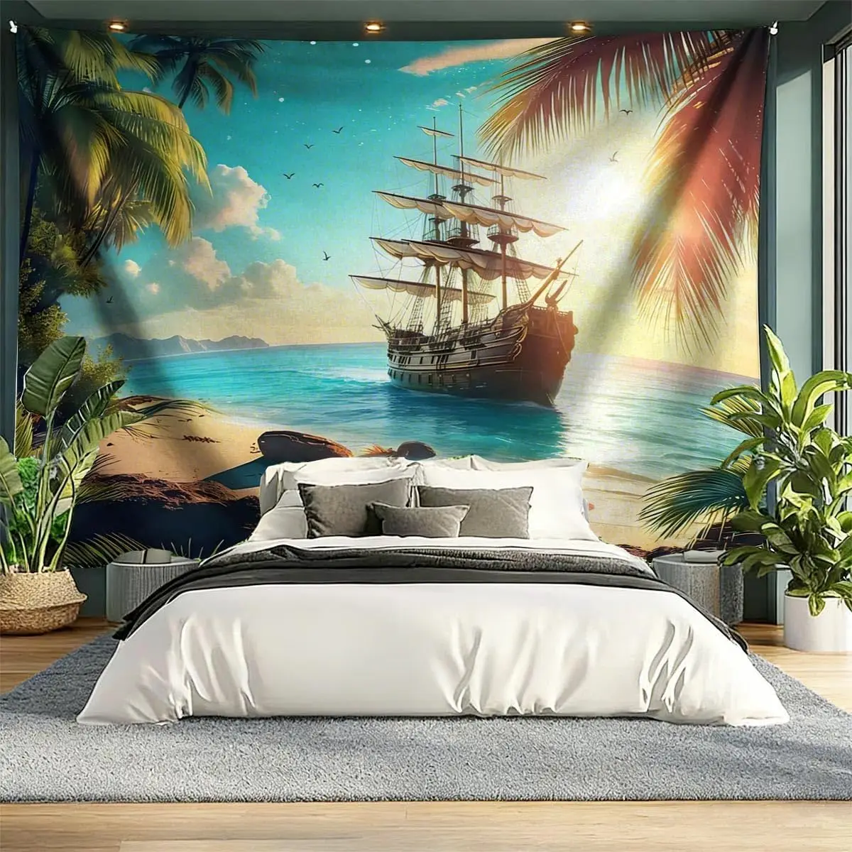 Large Tropical Beach Pirate Ship Tapestry Wall Hanging Polyester Decor Ocean Nautical Bedroom Living Room Home Decoration Art