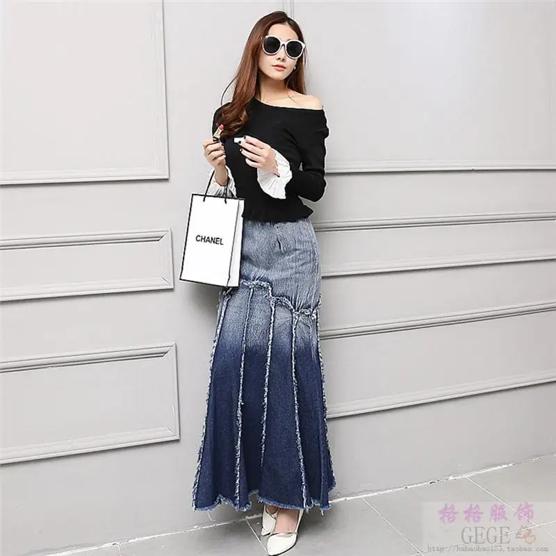 Free Shipping 2022 New Fashion Long Maxi Denim Jeans Skirts For Women S-L Mermaid Style Skirts With Tassels Spring Autumn