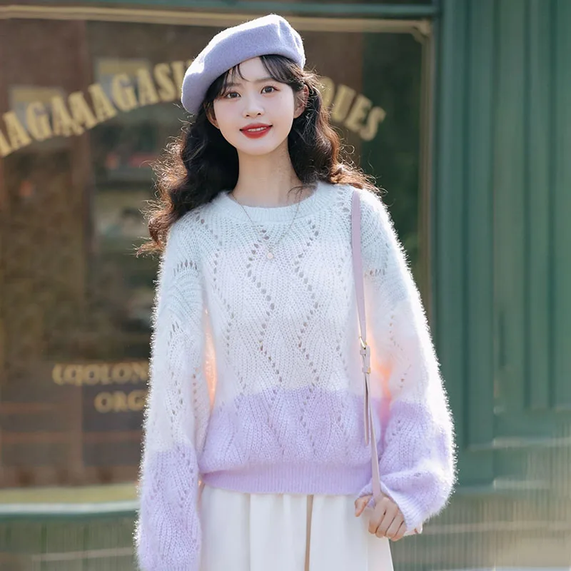 

Long Sleeve Autumn O-neck Stripe Knitted Pullover Sweater Loose Cute Oversized Pull Jumper Ladies Casual Spring Tops