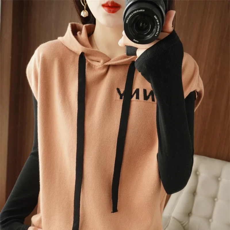 

Новый женский вязаный жилет с капюшоном из шерсти, модный дизайн, укороченный свитер-топ, верхняя одежда