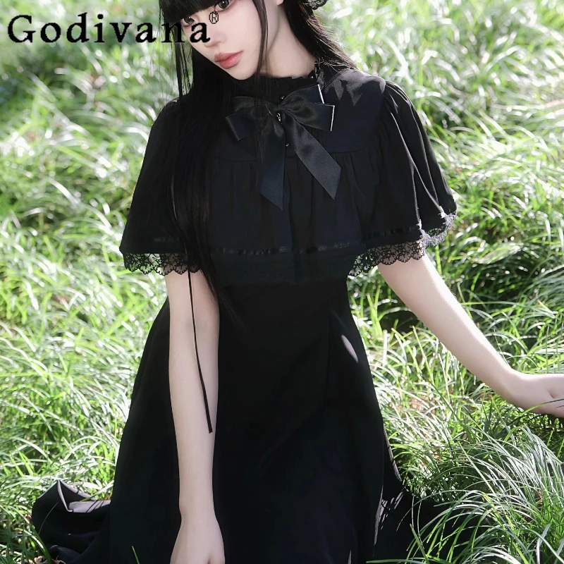 여성 로리타 스타일 블랙 드레스 프랑스어 레트로 여름 우아한 드레스 여성 봄 달콤한 허리 조이는 레이스 롱 드레스