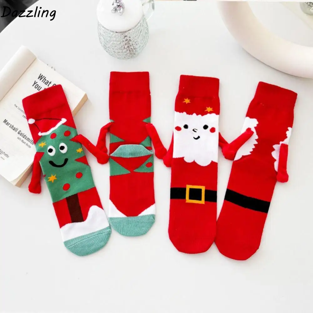 

2Pairs Cute Magnetic Christmas Socks Tree Santa Claus Tube Socks Women Patchwork Funny Cotton Mid-calf Sock Friends