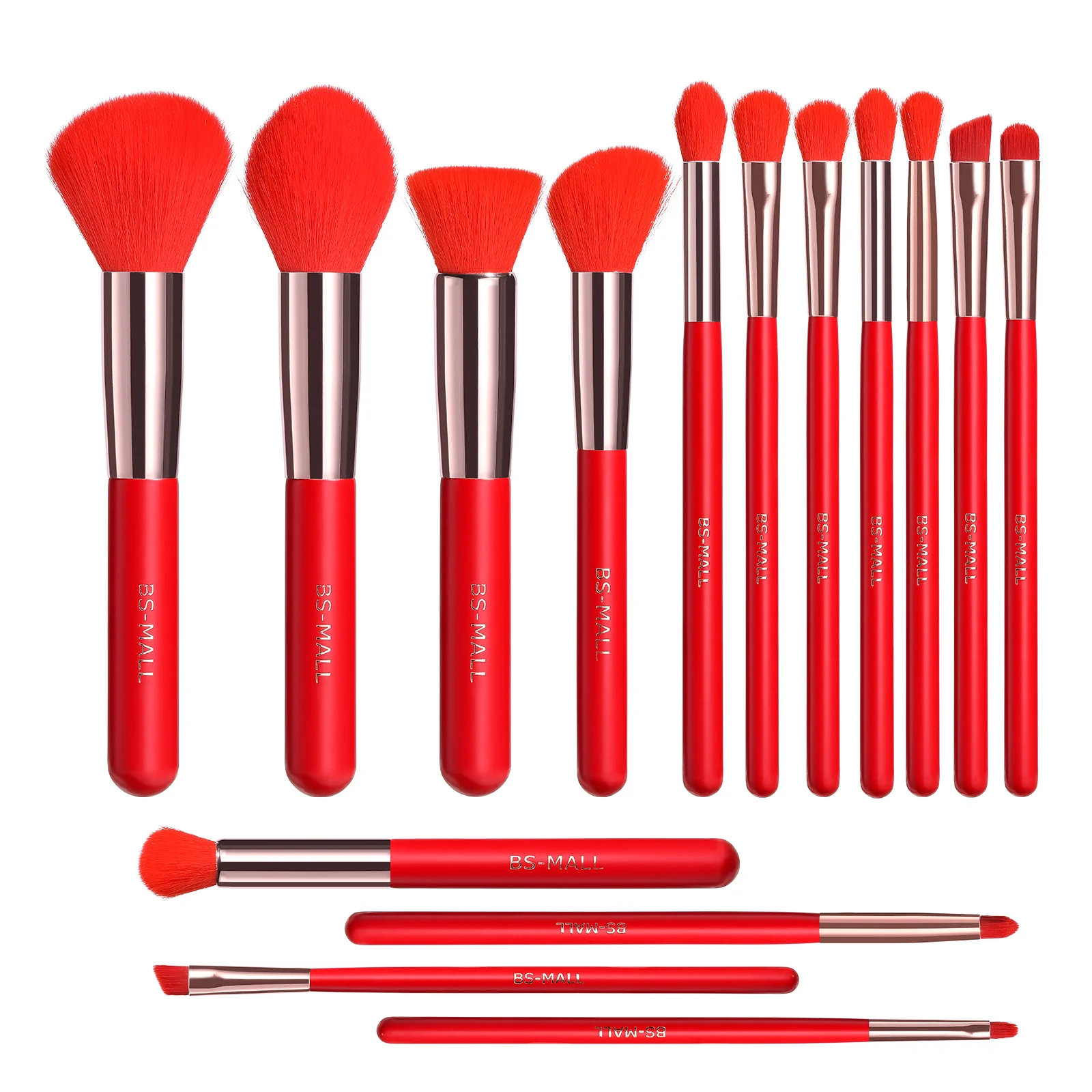 # Hot Sales BS-MALL Red Makeup Brushes 15PCS High Quality Vegan Synthetic Red Hair Face Makeup Brushes Private Label