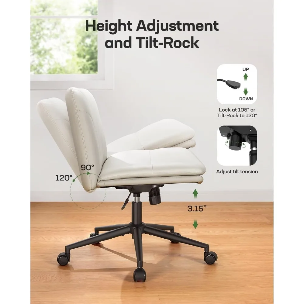 Armless-Office Desk Chair with Wheels: PU Leather Cross Legged Wide Chair,Comfortable Adjustable Swivel Computer Task Chairs