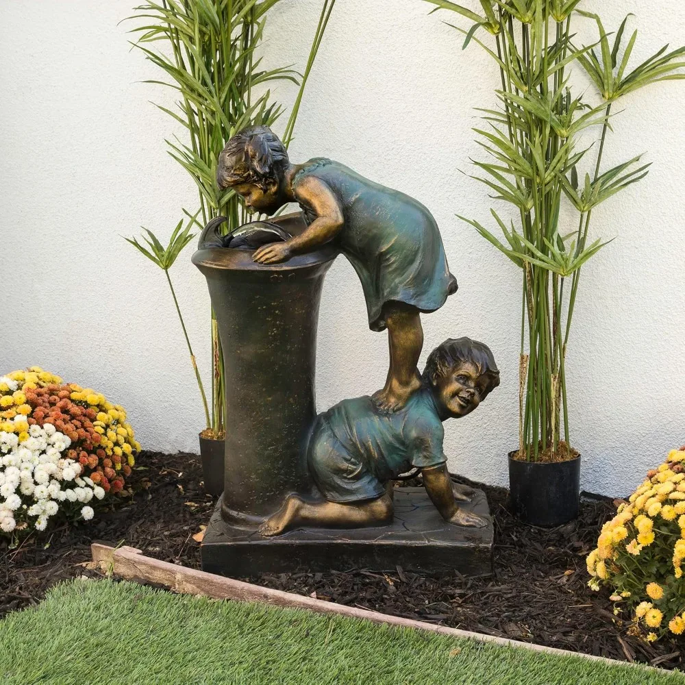 

GXT472 Outdoor Floor Joyful Boy and Girl Drinking Water Fountain, Playful Garden Waterfall, 27", Bronze