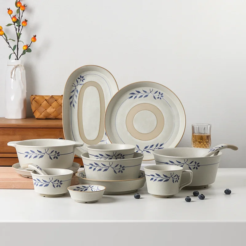 

Blue Leaf Ceramic Tableware, Japanese Retro and Simple Household Coarse Earthenware Rice Bowls, Plates and Tableware Accessories