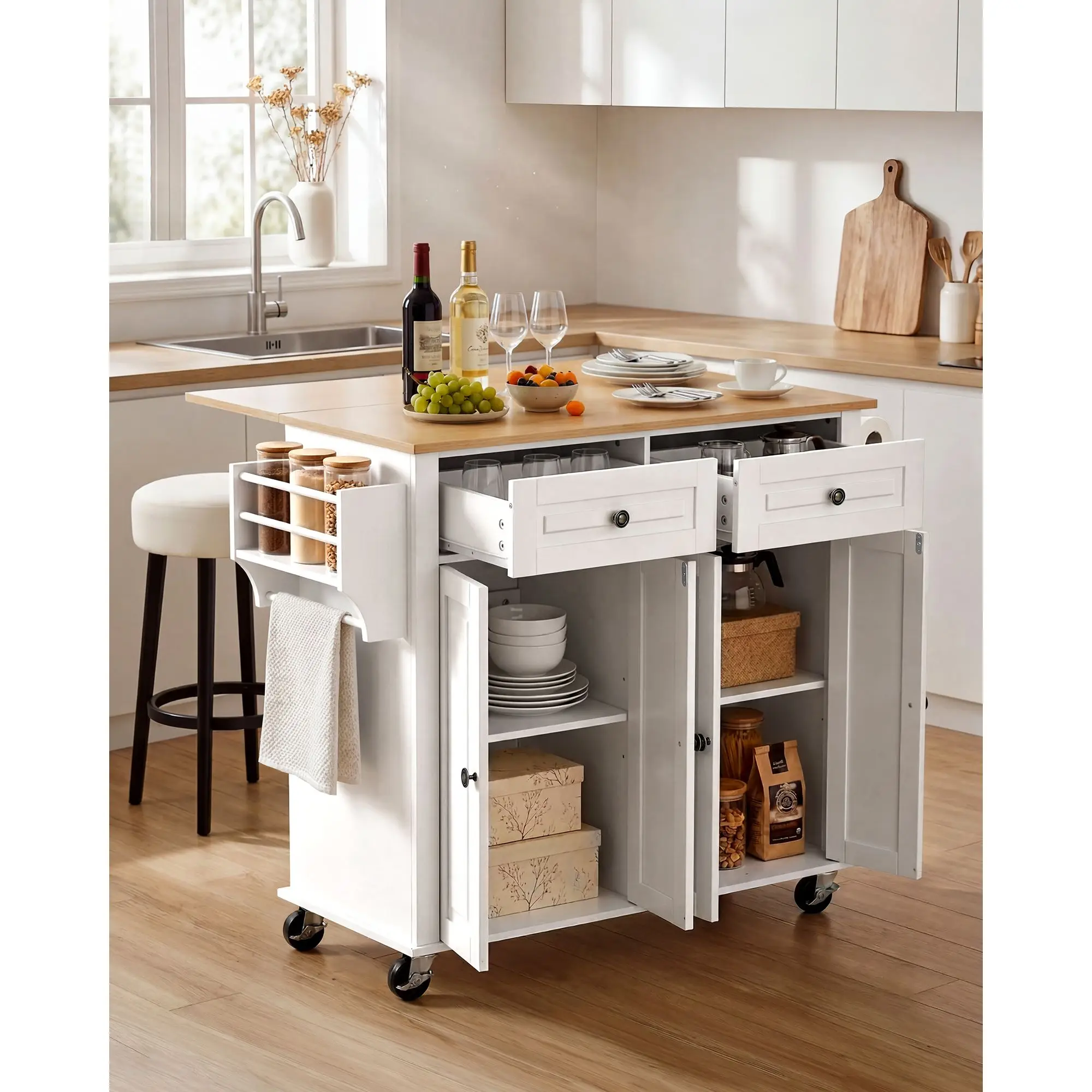 Kitchen Island Cart with Storage, 43.58 in Wide Mobile Rolling on Swivel Wheels, 2 Drawers, Cabinet, Drop Leaf, Spice/Towel