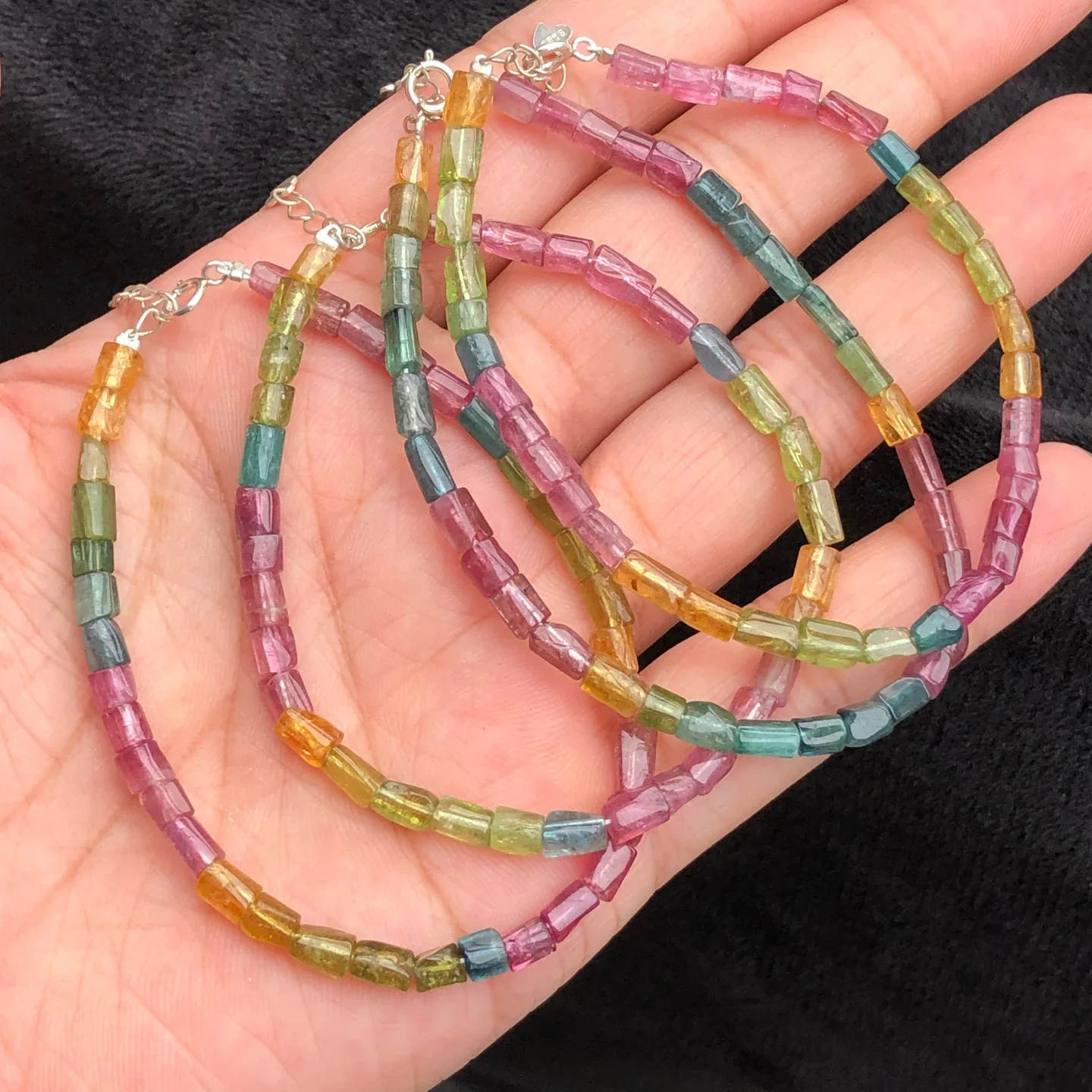1 Pc Fengbaowu Natural Multicolored Gem Tourmaline Elbaite Bracelet 4-6MM 925 Sterling Silver Reiki Healing Stone Jewelry Gift