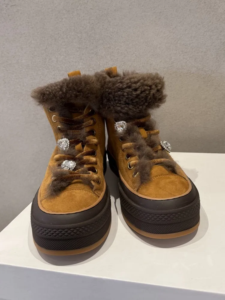 Winter New Women Lace Up Warm Wool Lining Snow High Top Thick Platform Sheepskin Leather Ankle Boots Antiskid Work Safety Shoes