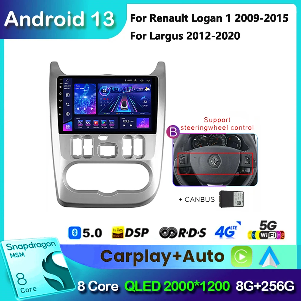 For Renault Logan 1 Sandero 2009-2015 Largus Dacia 2 Din Android Auto Radio CarPlay WiFi 4G Car Multimedia Player GPS Autoradio