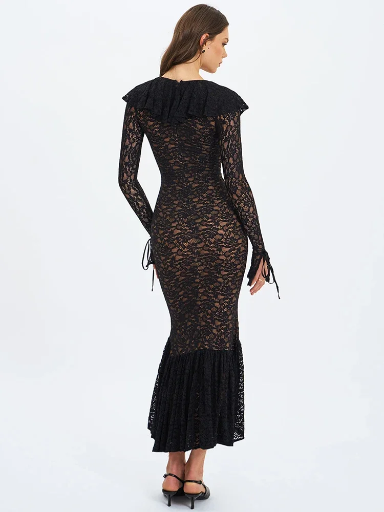 Lace Ruffled Sexy Maxi Dress Women Gown Elegant Black V Neck Long Flare Sleeve High Waist Club Party Long Maxi Dress
