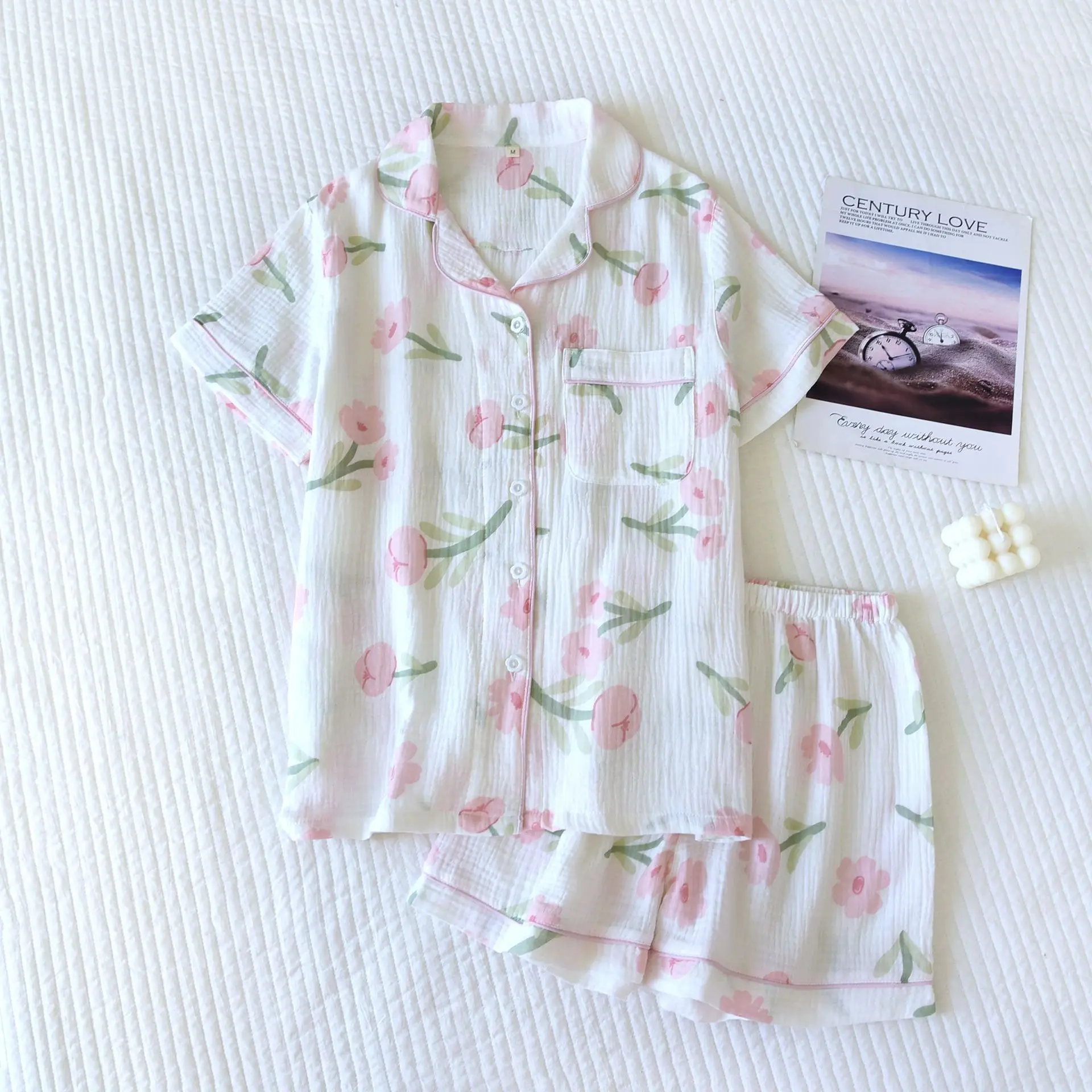 2024 New Summer Women's Pajama Set 100% Cotton Crepe Short Sleeve Shorts Two Piece Ladies Flower Casual Simple Homewear
