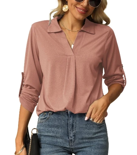 Women's Career Commuting Blouses 2025 Autumn Winter Latest Solid Color Elastic Shirt V-Neck Long Sleeved Top Lapel Warm T-Shirt