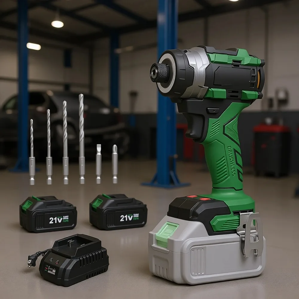 

Бесщеточный ударный шуруповерт 21В, 230Нм, с двумя аккумуляторами 3Ач, LED-подсветкой и набором бит для домашнего использования