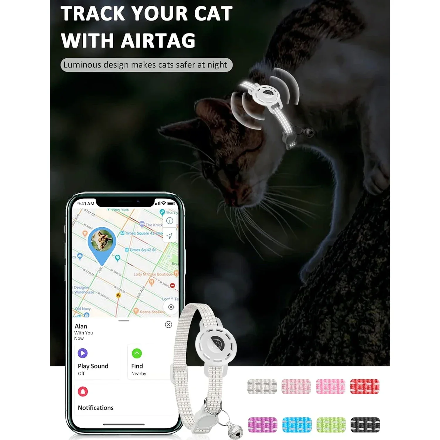 For Apple Tag Pet Collar for cats dogs, Reflective Kitten Collar with Airtag Holder and Bell for Girl Boy Cat, Safe Breakaway