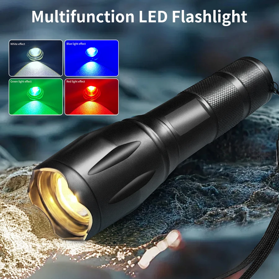 Multifunction Rechargeable LED Flashlight Green Red Blue White Multi-Color Torch for Camping Hunting Fishing Photography Selfie