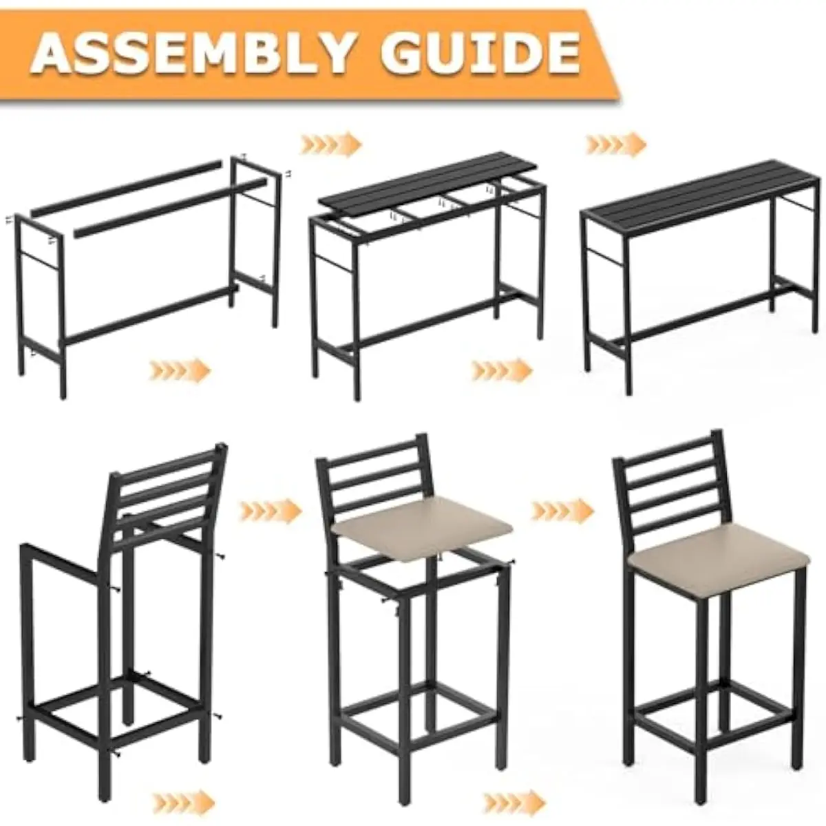 Outdoor 3-Piece Counter Height Bar Set – Matte Black Metal Table 50 Inches + 2 Ergonomic Stools 41 Inches with Dense Foam Cushio - view 5