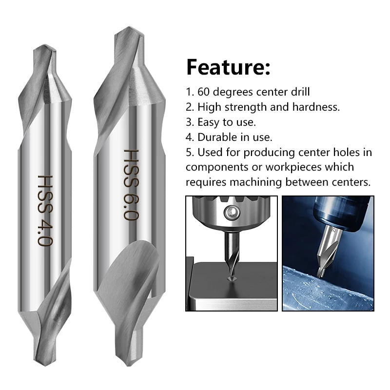 HAMPTON 1/10 Stück HSS-Zentrierbohrer-Set mit gerader Nut, 60 Grad, 1–6 mm, Metallbearbeitung, Lochbohrer für Drehmaschine, Metallbearbeitung – Detail 2