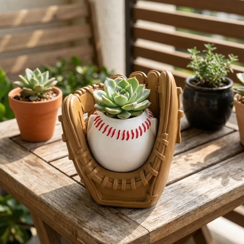 WORTHOWN-Baseball Glove Flower Pot Creative Baseball Shape Planter Sports Theme Mini Plant Pot Desktop Decor