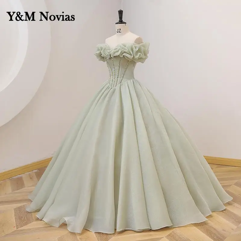 Y&m Novias Green Ball Gown Quinceanera Dresses Off Shoulder Vestido 15 Anos Plus Size Vintage Boat Neck For Party Prom Dress