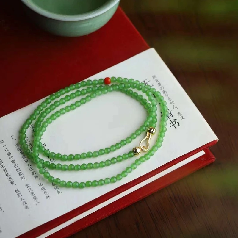 chain, natural Hetian , Russian , old material, fruit green jade, plain beads, multi-loop bead chai