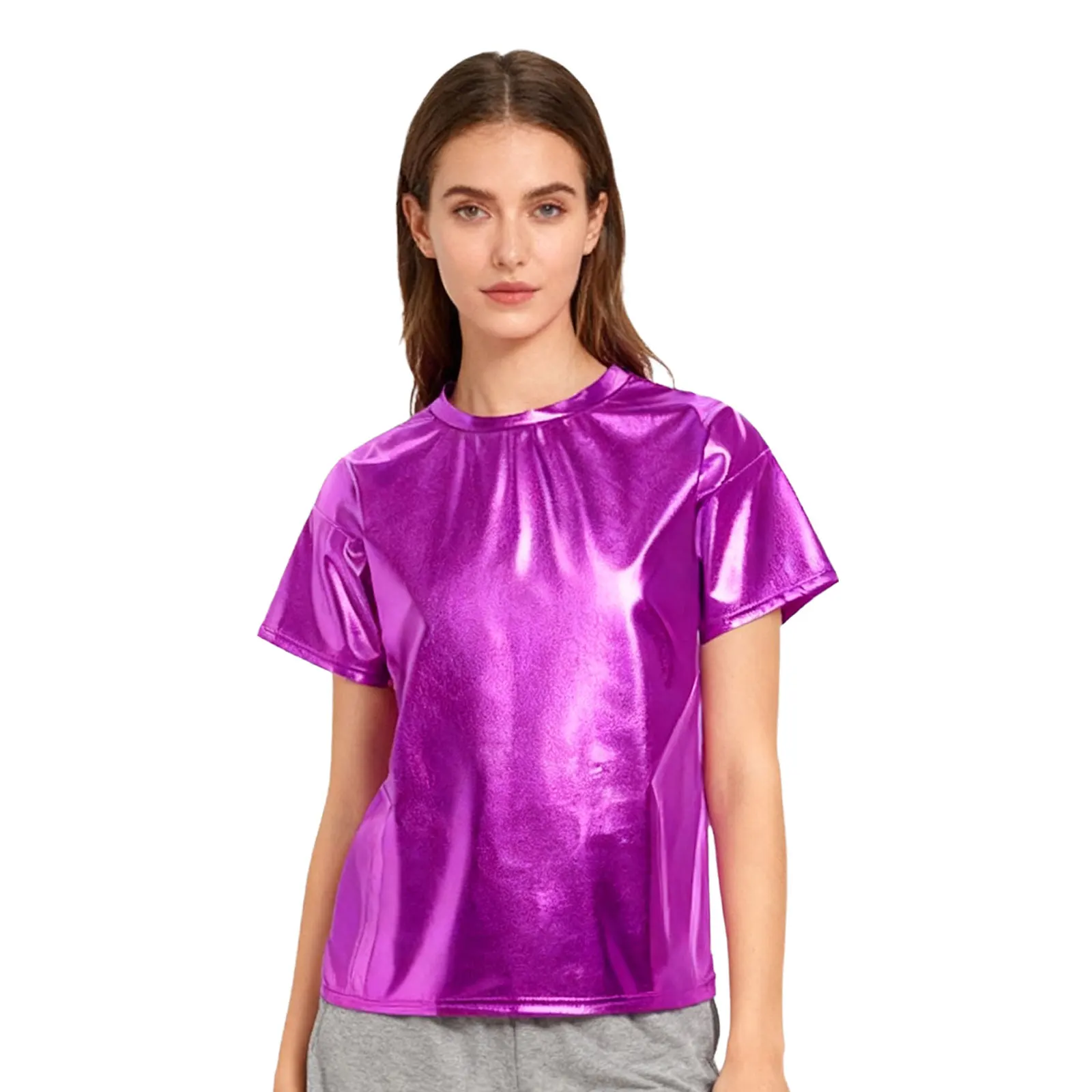 

Women Jazz Dance Performance T-shirt Tops Metallic Shiny Short Sleeve Round Neck T-shirt for Hp Hop Dance Daily Casual Wear